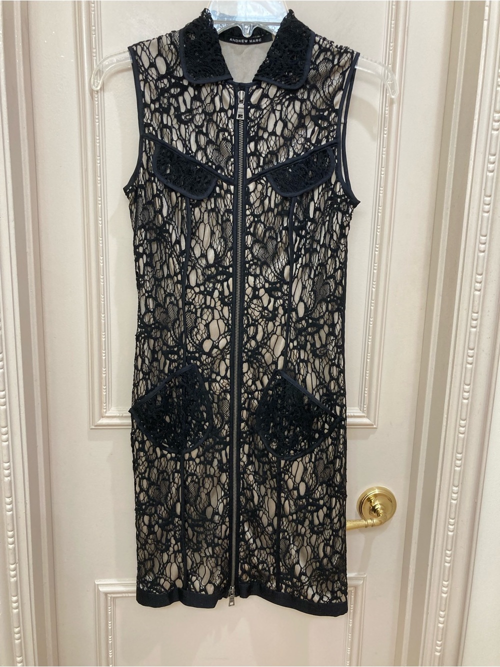 Andrew Marc Black Lace Zip-Front Sleeveless Mini Dress with Nude Lining